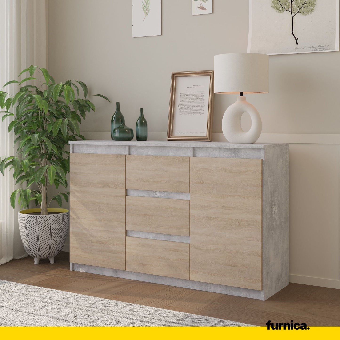 MIKEL - Komoda se 3 šuplíky a 2 dveřmi - Skříň na oblečení do ložnice - Beton / Sonoma dub - Výška 75 cm, šířka 120 cm, hloubka 35 cm.