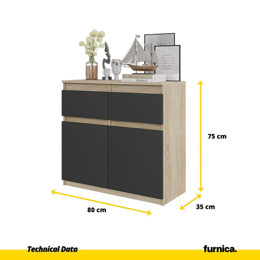 NOAH - Komoda se 2 šuplíky a 2 dveřmi - Skříň na uložení oblečení do ložnice - Sonoma dub / antracit H75cm W80cm D35cm