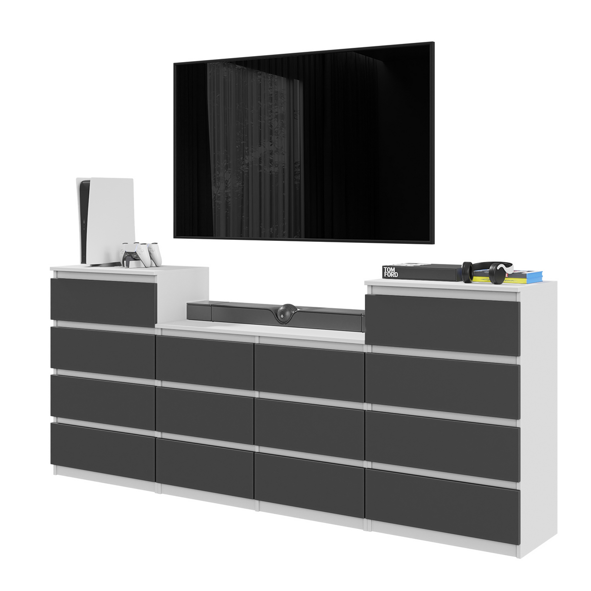 GABRIEL - Komoda se 14 šuplíky (4+6+4) - Skříň na oblečení do ložnice - Bílá matná / Antracit - H92/70cm Š220cm D33cm