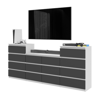 GABRIEL - Komoda se 14 šuplíky (4+6+4) - Skříň na oblečení do ložnice - Bílá matná / Antracit - H92/70cm Š220cm D33cm