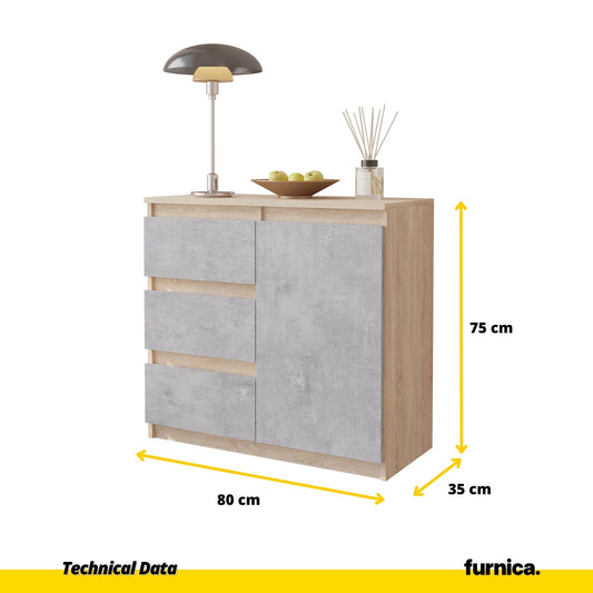 MIKEL - Komoda se 3 šuplíky a 1 dveřmi - Skříň na oblečení do ložnice - Sonoma dub / beton - Výška 75 cm, šířka 80 cm, hloubka 35 cm.
