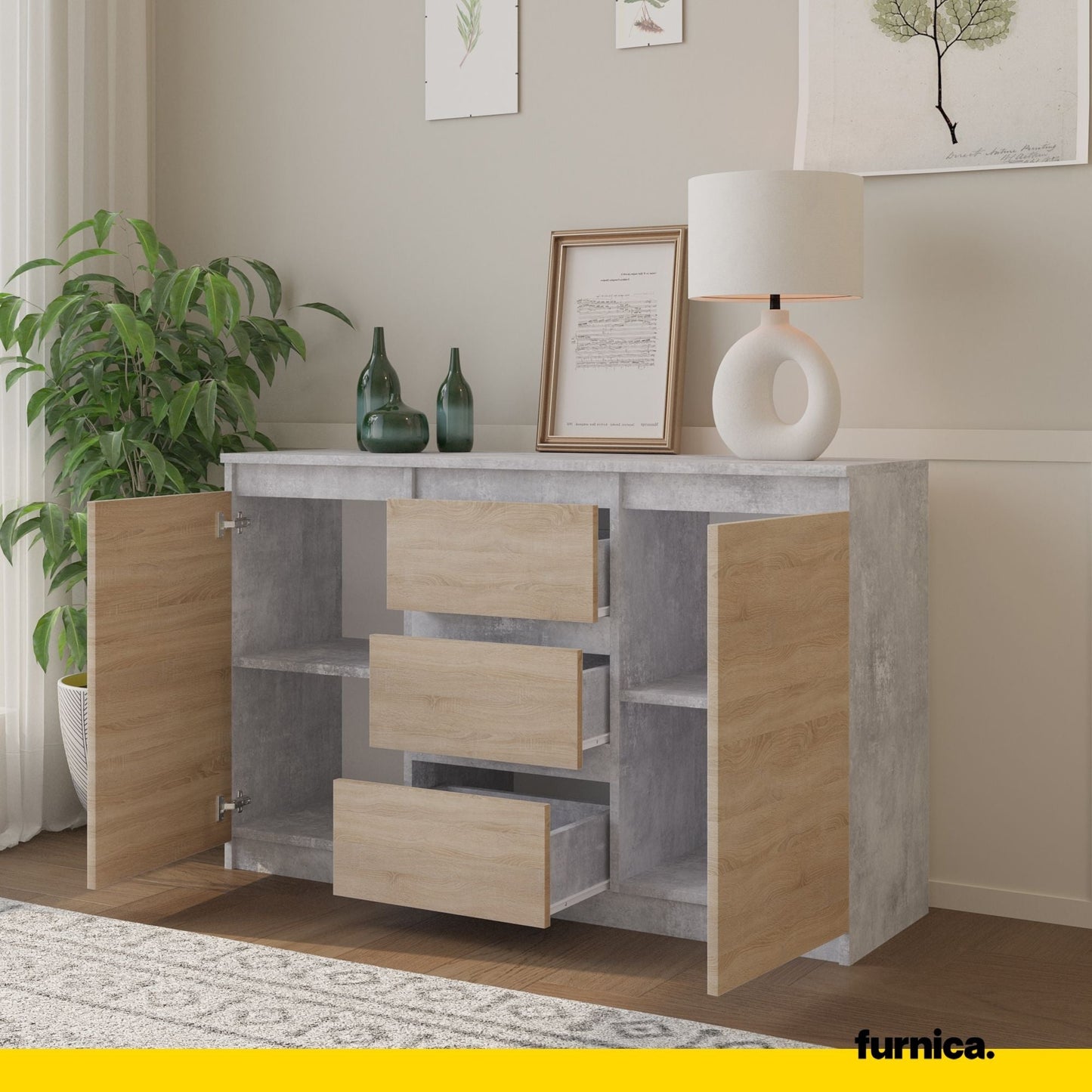 MIKEL - Komoda se 3 šuplíky a 2 dveřmi - Skříň na oblečení do ložnice - Beton / Sonoma dub - Výška 75 cm, šířka 120 cm, hloubka 35 cm.