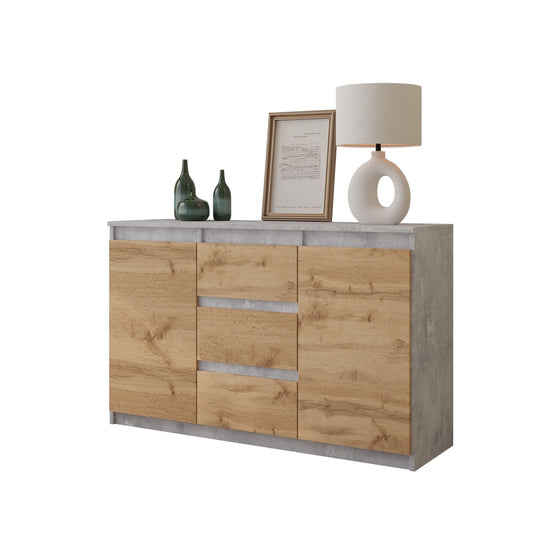 MIKEL - Komoda se 3 šuplíky a 2 dveřmi - Skříň na oblečení do ložnice - Beton / Wotan dub H75cm Š120cm H35cm
