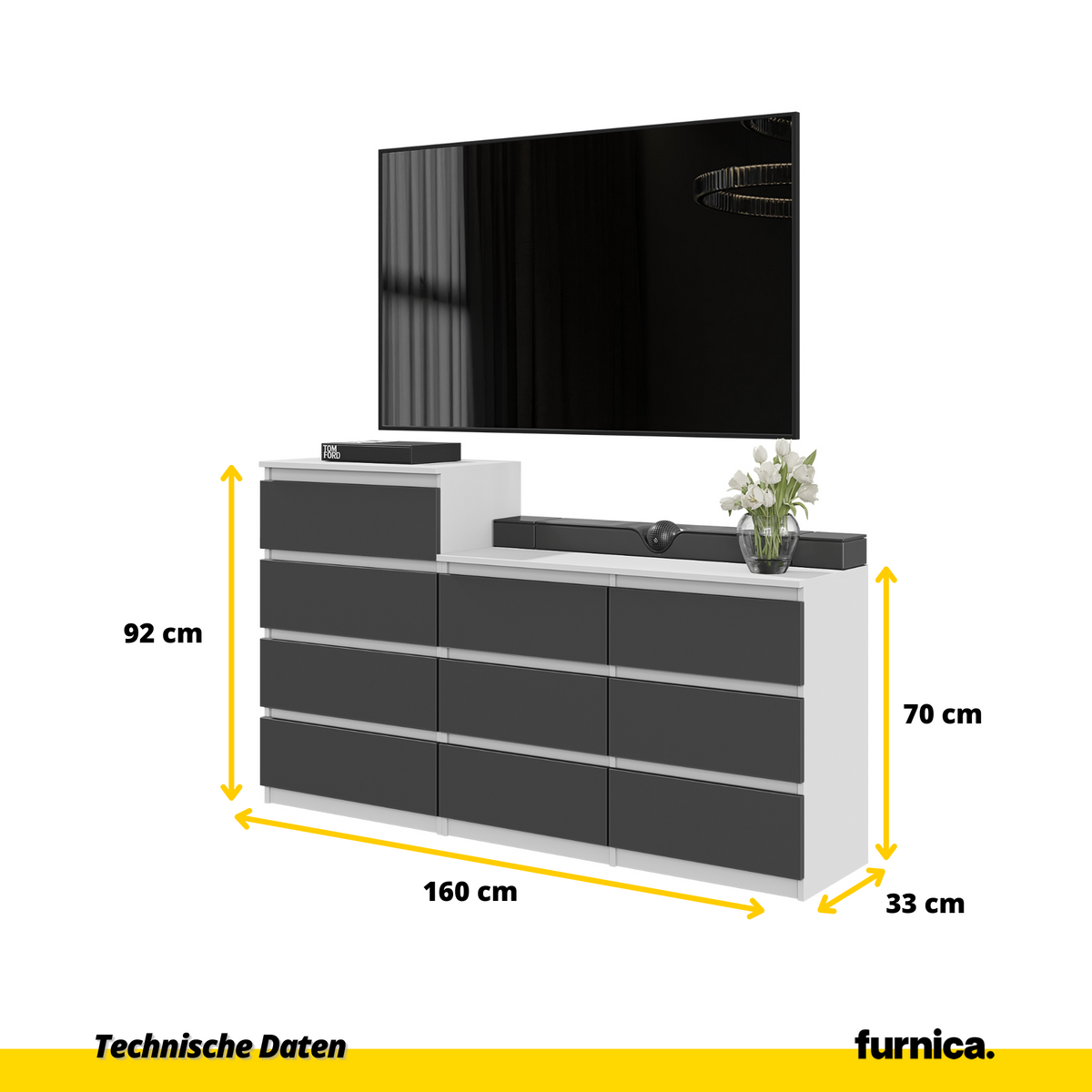 GABRIEL - Komoda se 10 šuplíky (6+4) - Skříň na oblečení do ložnice - Bílá matná / Antracit - H92/70cm Š160cm D33cm (2)