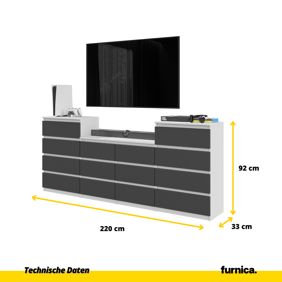 GABRIEL - Komoda se 14 šuplíky (4+6+4) - Skříň na oblečení do ložnice - Bílá matná / Antracit - H92/70cm Š220cm D33cm (2)