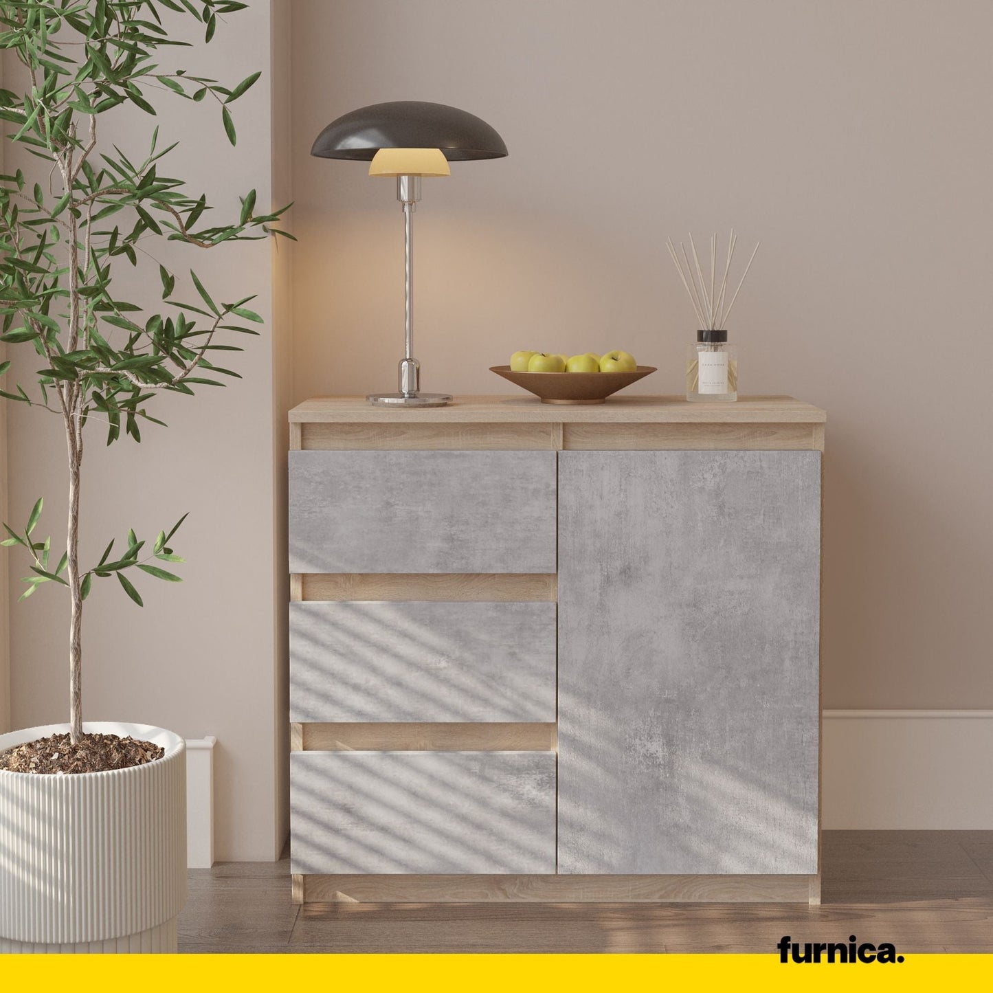 MIKEL - Komoda se 3 šuplíky a 1 dveřmi - Skříň na oblečení do ložnice - Sonoma dub / beton - Výška 75 cm, šířka 80 cm, hloubka 35 cm.