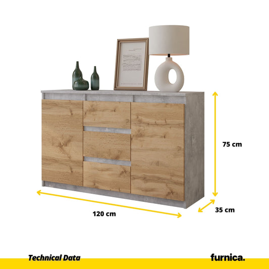 MIKEL - Komoda se 3 šuplíky a 2 dveřmi - Skříň na oblečení do ložnice - Beton / Wotan dub H75cm Š120cm H35cm