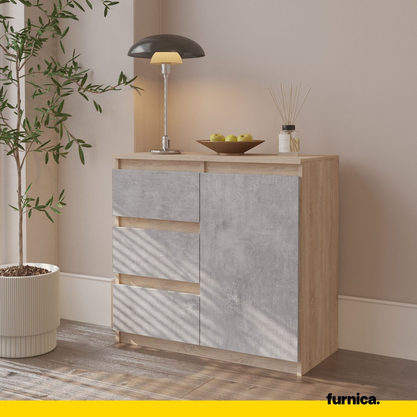 MIKEL - Komoda se 3 šuplíky a 1 dveřmi - Skříň na oblečení do ložnice - Sonoma dub / beton - Výška 75 cm, šířka 80 cm, hloubka 35 cm.