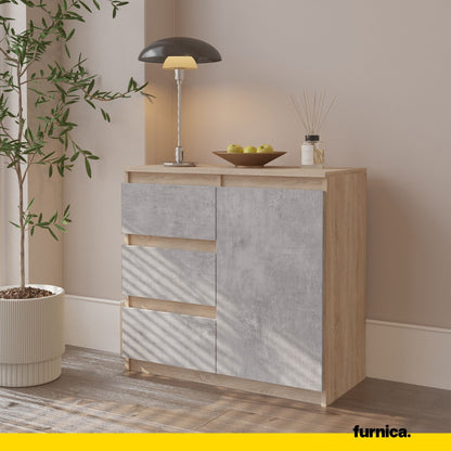 MIKEL - Komoda se 3 šuplíky a 1 dveřmi - Skříň na oblečení do ložnice - Sonoma dub / beton - Výška 75 cm, šířka 80 cm, hloubka 35 cm.
