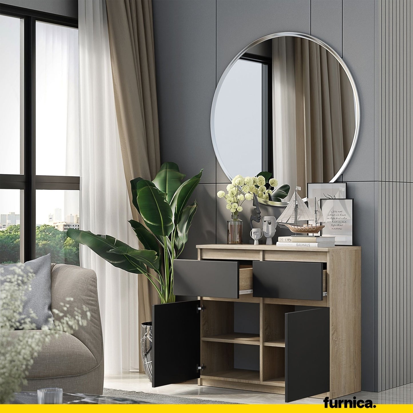 NOAH - Komoda se 2 šuplíky a 2 dveřmi - Skříň na uložení oblečení do ložnice - Sonoma dub / antracit H75cm W80cm D35cm