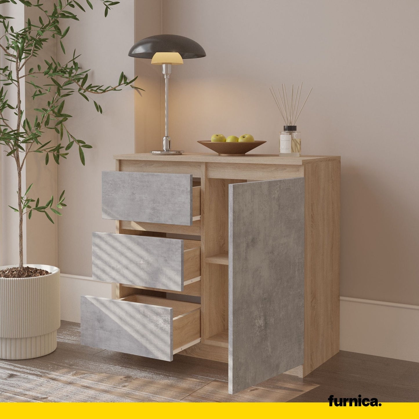 MIKEL - Komoda se 3 šuplíky a 1 dveřmi - Skříň na oblečení do ložnice - Sonoma dub / beton - Výška 75 cm, šířka 80 cm, hloubka 35 cm.