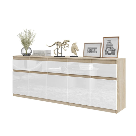 NOAH - Komoda se 5 šuplíky a 5 dveřmi - Skříň na uložení oblečení do ložnice - Sonoma dub / bílý lesk H75cm W200cm D35cm