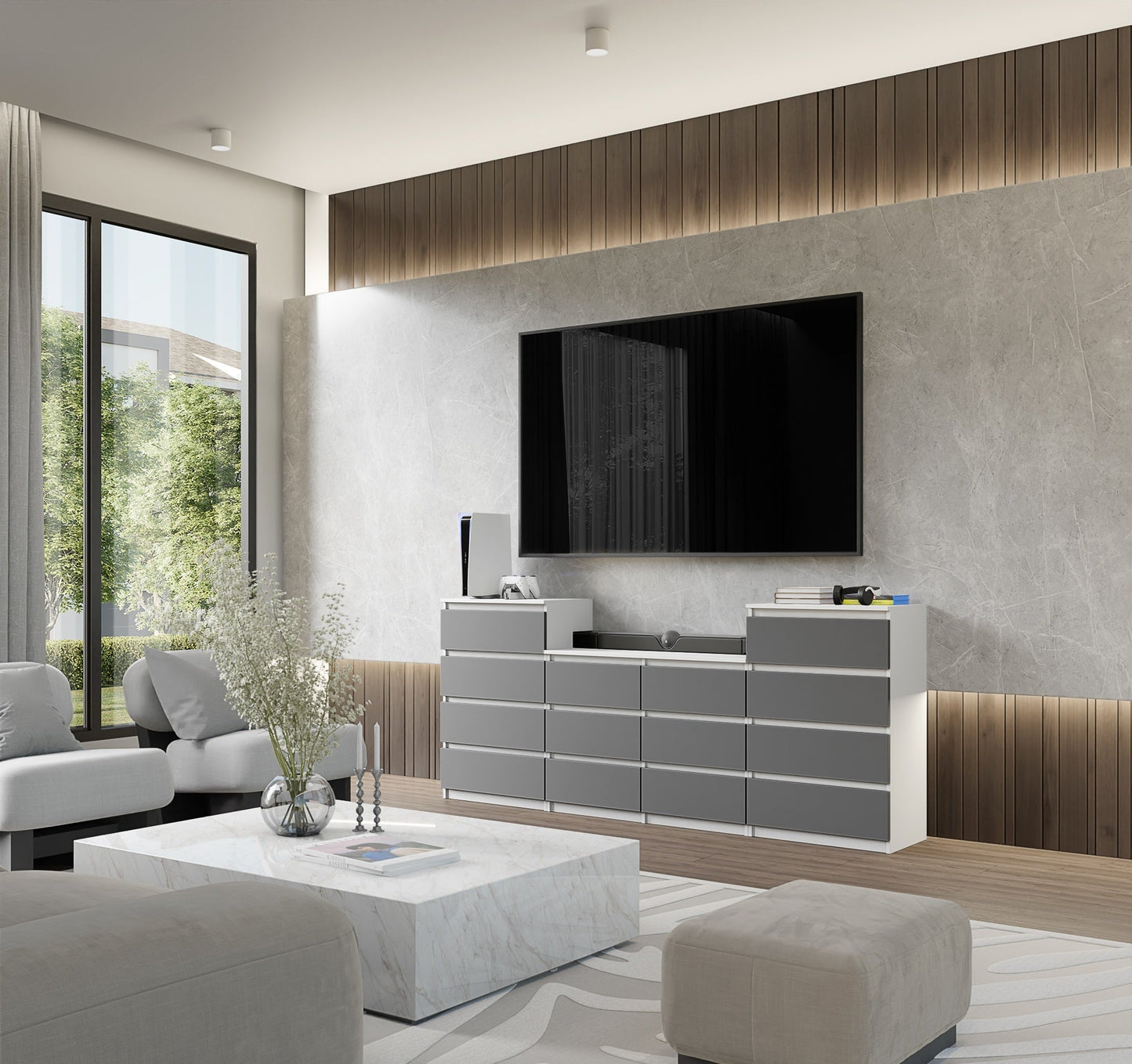 GABRIEL - Komoda se 14 šuplíky (4+6+4) - Skříň na oblečení do ložnice - Bílá matná / Antracit - H92/70cm Š220cm D33cm (3)