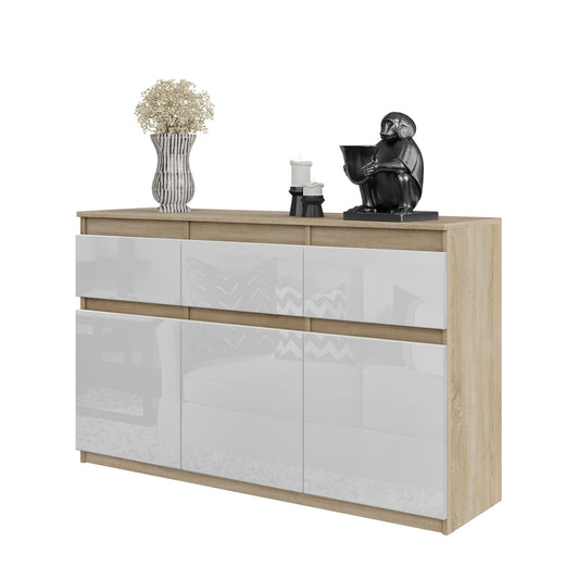 NOAH - Komoda se 3 šuplíky a 3 dveřmi - Skříň na uložení oblečení do ložnice - Sonoma dub / bílý lesk - Výška 75 cm, šířka 120 cm, hloubka 35 cm.