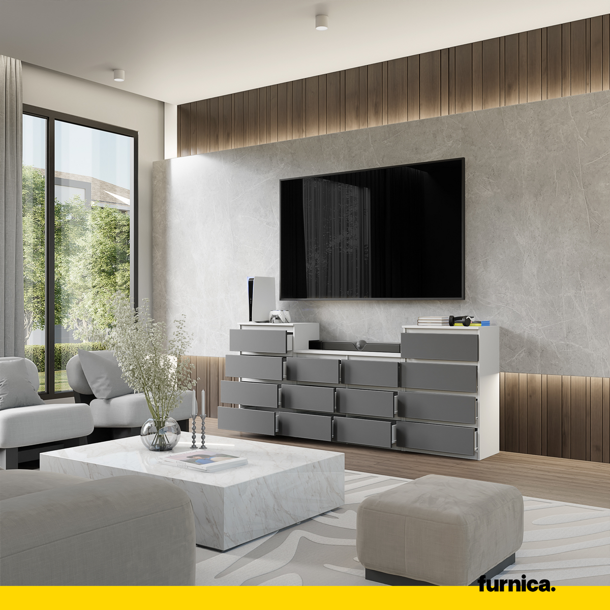 GABRIEL - Komoda se 14 šuplíky (4+6+4) - Skříň na oblečení do ložnice - Bílá matná / Antracit - H92/70cm Š220cm D33cm (4)