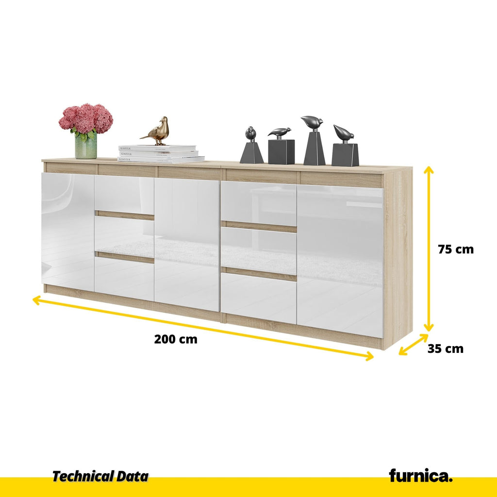 MIKEL - Komoda se 6 šuplíky a 3 dveřmi - Skříň na oblečení do ložnice - Sonoma dub / bílý lesk - Výška 75 cm, šířka 200 cm, hloubka 35 cm.