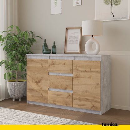 MIKEL - Komoda se 3 šuplíky a 2 dveřmi - Skříň na oblečení do ložnice - Beton / Wotan dub H75cm Š120cm H35cm