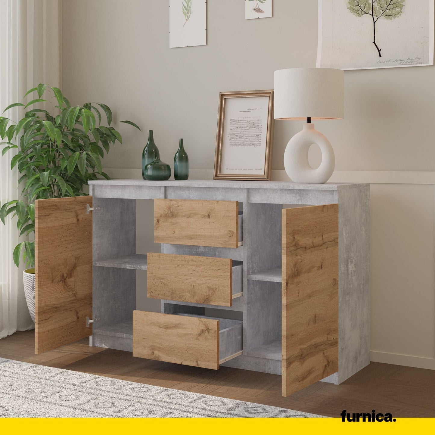 MIKEL - Komoda se 3 šuplíky a 2 dveřmi - Skříň na oblečení do ložnice - Beton / Wotan dub H75cm Š120cm H35cm