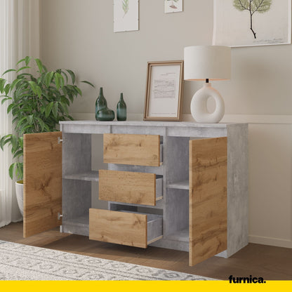 MIKEL - Komoda se 3 šuplíky a 2 dveřmi - Skříň na oblečení do ložnice - Beton / Wotan dub H75cm Š120cm H35cm