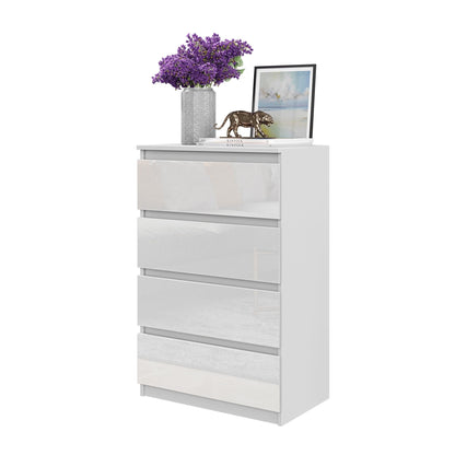 GABRIEL - Komoda se 4 šuplíky - Skříň na oblečení do ložnice - Bílý mat / Bílý lesk H92cm Š60cm D33cm – Furnica