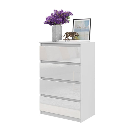 GABRIEL - Komoda se 4 šuplíky - Skříň na oblečení do ložnice - Bílý mat / Bílý lesk H92cm Š60cm D33cm