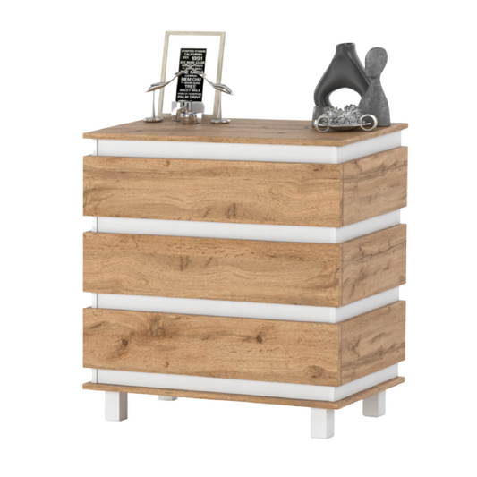 MARGARET - Komoda se 3 zásuvkami - Skříň na oblečení do ložnice - Bílý mat / Wotan dub H86cm W83cm D44cm