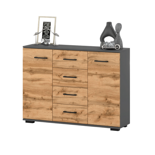 MARK - Komoda se 4 šuplíky a 2 dveřmi - Skříň na oblečení do ložnice - Anthracit / Wotan dub - V85cm Š120cm H35cm