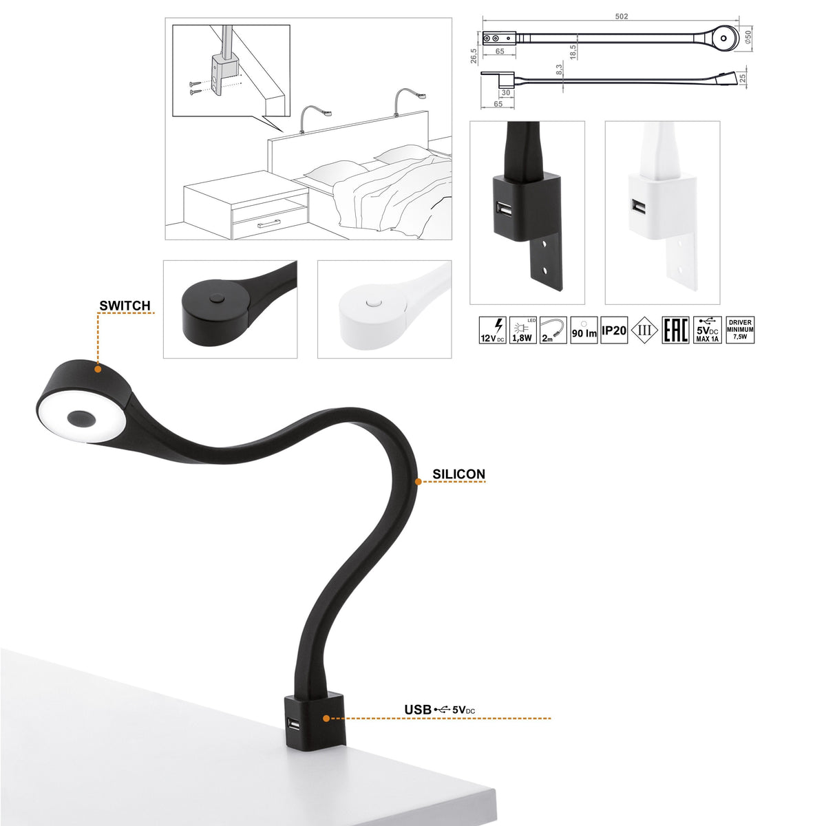 2 ložnice LED lampy s USB + napájecím zdrojem (F02) (5) – Furnica