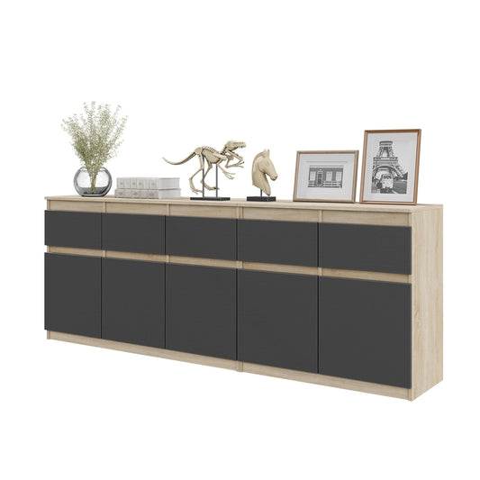 NOAH - Komoda se 5 šuplíky a 5 dveřmi - Skříň na uložení oblečení do ložnice - Sonoma dub / antracitová - V: 75 cm, Š: 200 cm, H: 35 cm