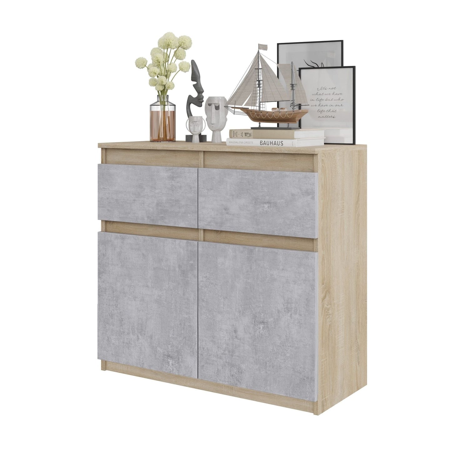 NOAH - Komoda se 2 šuplíky a 2 dveřmi - Skříň na uložení oblečení do ložnice - Sonoma dub / beton - Výška 75 cm, šířka 80 cm, hloubka 35 cm.
