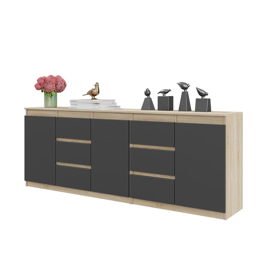 MIKEL - Komoda se 6 šuplíky a 3 dveřmi - Skříň na oblečení do ložnice - Sonoma dub / antracit - V: 75 cm, Š: 200 cm, H: 35 cm