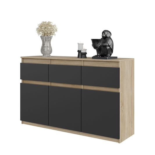 NOAH - Komoda se 3 šuplíky a 3 dveřmi - Skříň na uložení oblečení do ložnice - Sonoma dub / antracit H75cm W120cm D35cm