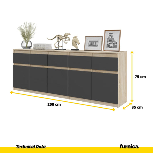 NOAH - Komoda se 5 šuplíky a 5 dveřmi - Skříň na uložení oblečení do ložnice - Sonoma dub / antracitová - V: 75 cm, Š: 200 cm, H: 35 cm