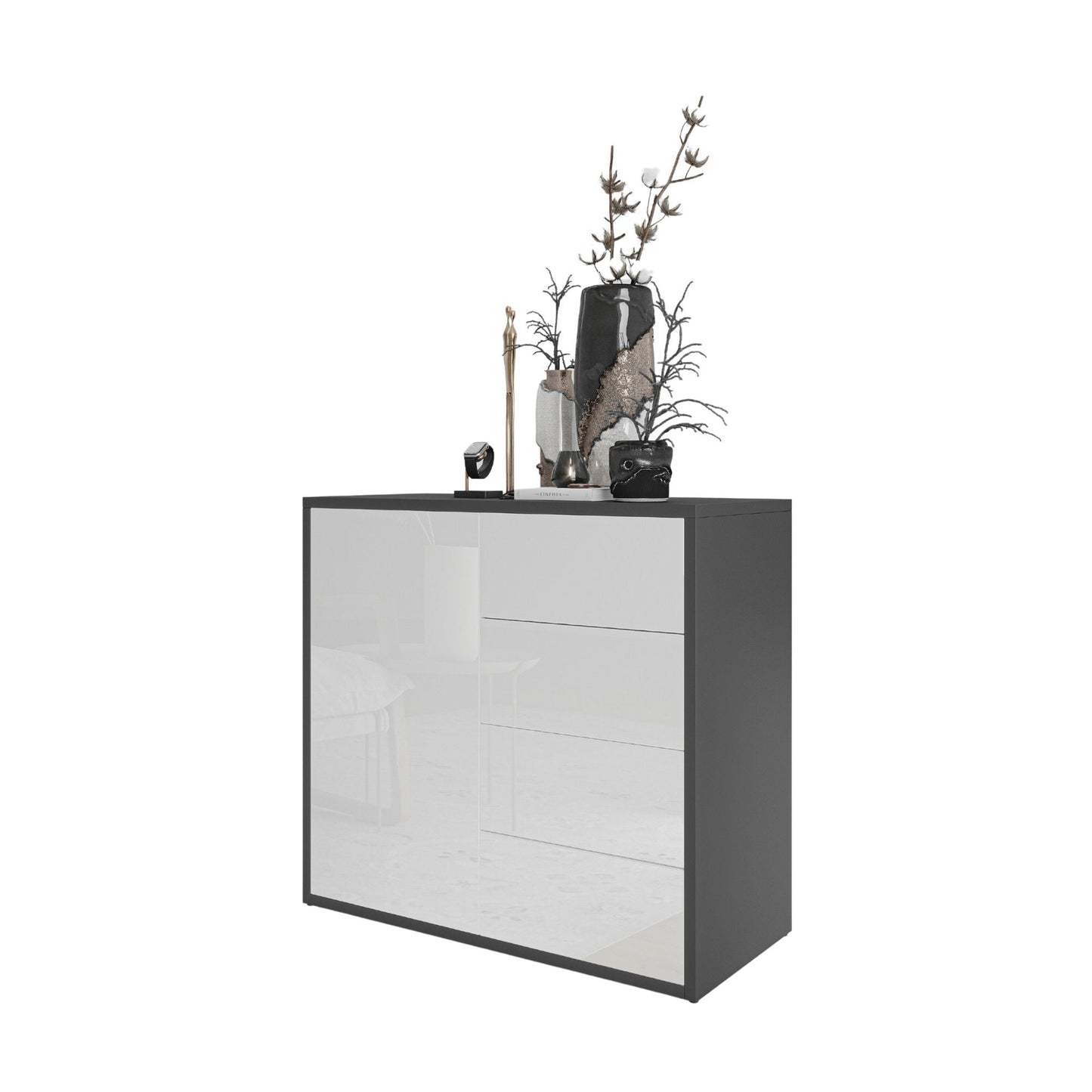 CAMILLE - Skříň s dvířky a 4 zásuvkami s funkcí push to open - antracit / bílý lesk H74cm W80cm D36cm – Furnica