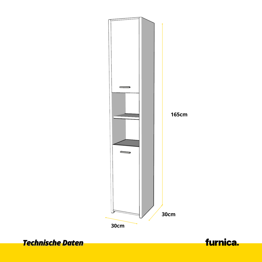 EMMA Skříňka na úložný prostor do koupelny s dveřmi a policemi - bílý mat / bílý lesk H165cm Š30cm H30cm