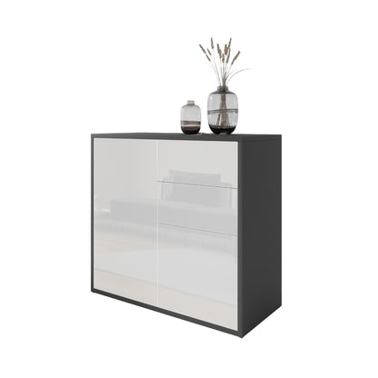 CAMILLE - Skříň s dvěma dveřmi a dvěma šuplíky s funkcí push to open - antracit / bílý lesk H74cm W80cm D36cm – Furnica