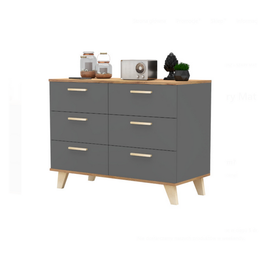 INGRID - Skandinávská komoda se 6 šuplíky - antracitově šedá / Wotan dub H75cm W100cm D45cm