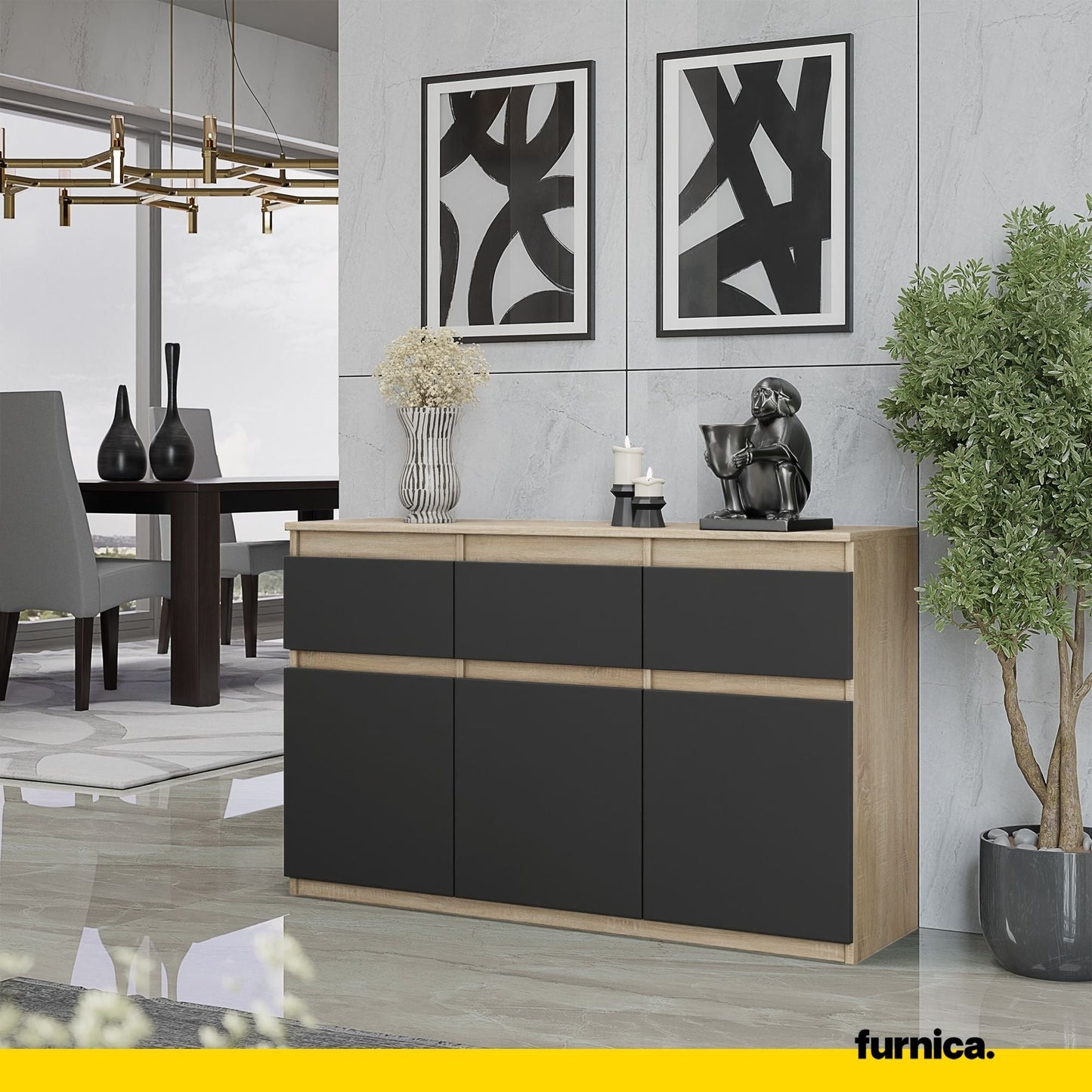 NOAH - Komoda se 3 šuplíky a 3 dveřmi - Skříň na uložení oblečení do ložnice - Sonoma dub / antracit H75cm W120cm D35cm