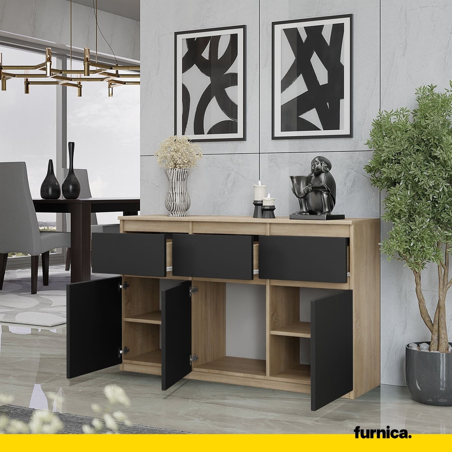 NOAH - Komoda se 3 šuplíky a 3 dveřmi - Skříň na uložení oblečení do ložnice - Sonoma dub / antracit H75cm W120cm D35cm