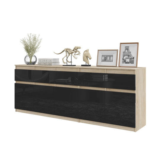 NOAH - Komoda se 5 šuplíky a 5 dveřmi - Skříň na uložení oblečení do ložnice - Sonoma dub / černý lesk - V: 75 cm, Š: 200 cm, H: 35 cm