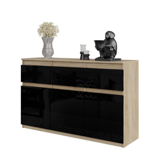 NOAH - Komoda se 3 šuplíky a 3 dveřmi - Skříň na uložení oblečení do ložnice - Sonoma dub / černý lesk - Výška 75 cm, šířka 120 cm, hloubka 35 cm.