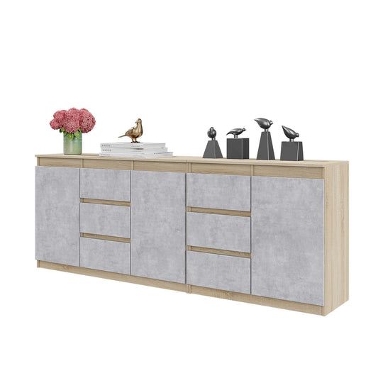 MIKEL - Komoda se 6 šuplíky a 3 dveřmi - Skříň na oblečení do ložnice - Sonoma dub / beton - Výška 75 cm, šířka 200 cm, hloubka 35 cm.