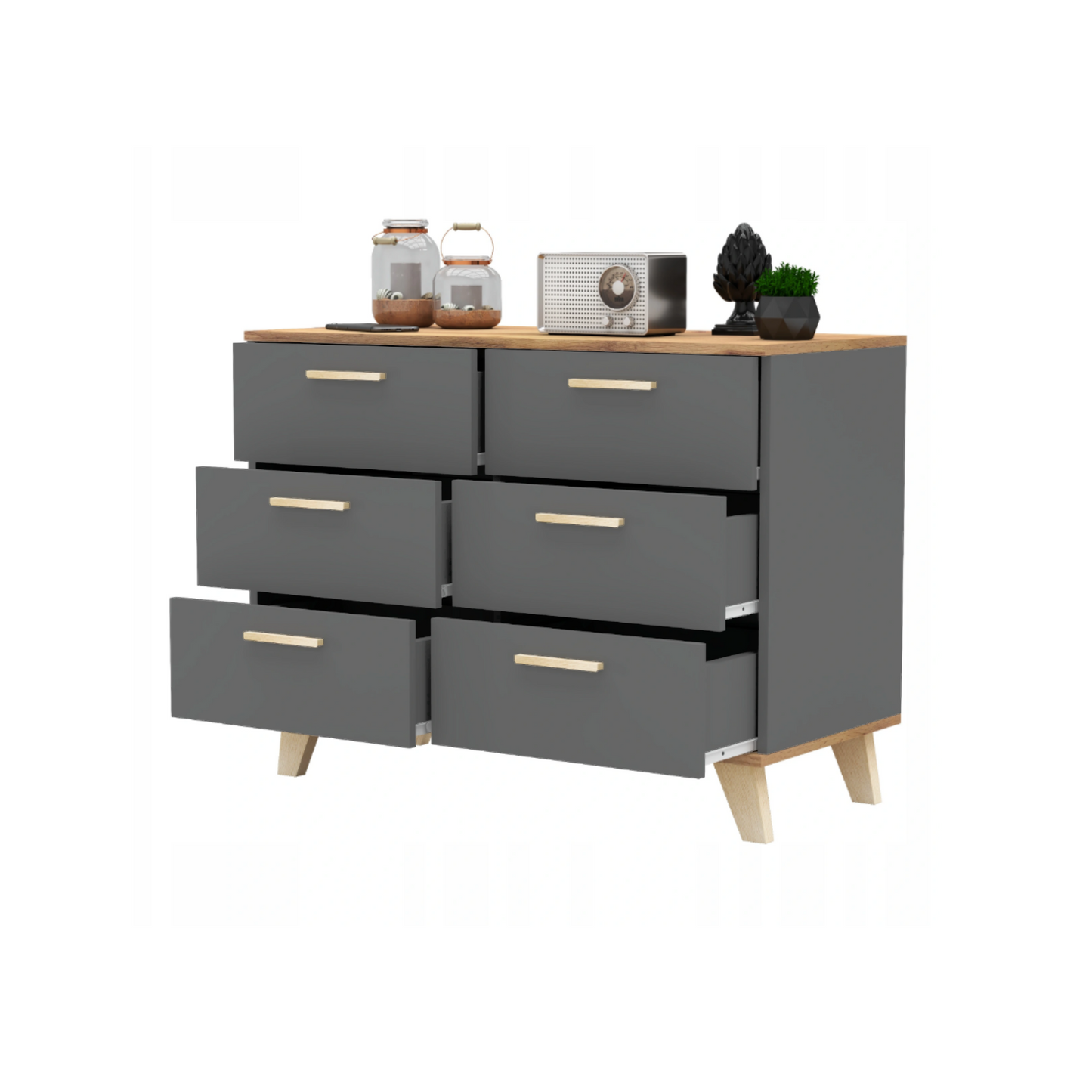 INGRID - Skandinávská komoda se 6 šuplíky - antracitově šedá / Wotan dub H75cm W100cm D45cm
