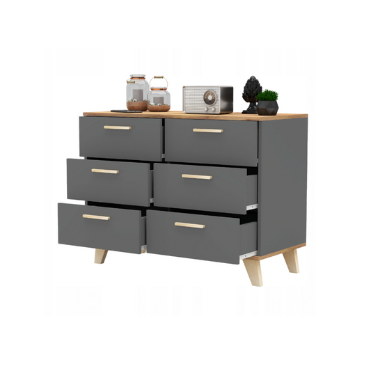 INGRID - Skandinávská komoda se 6 šuplíky - antracitově šedá / Wotan dub H75cm W100cm D45cm