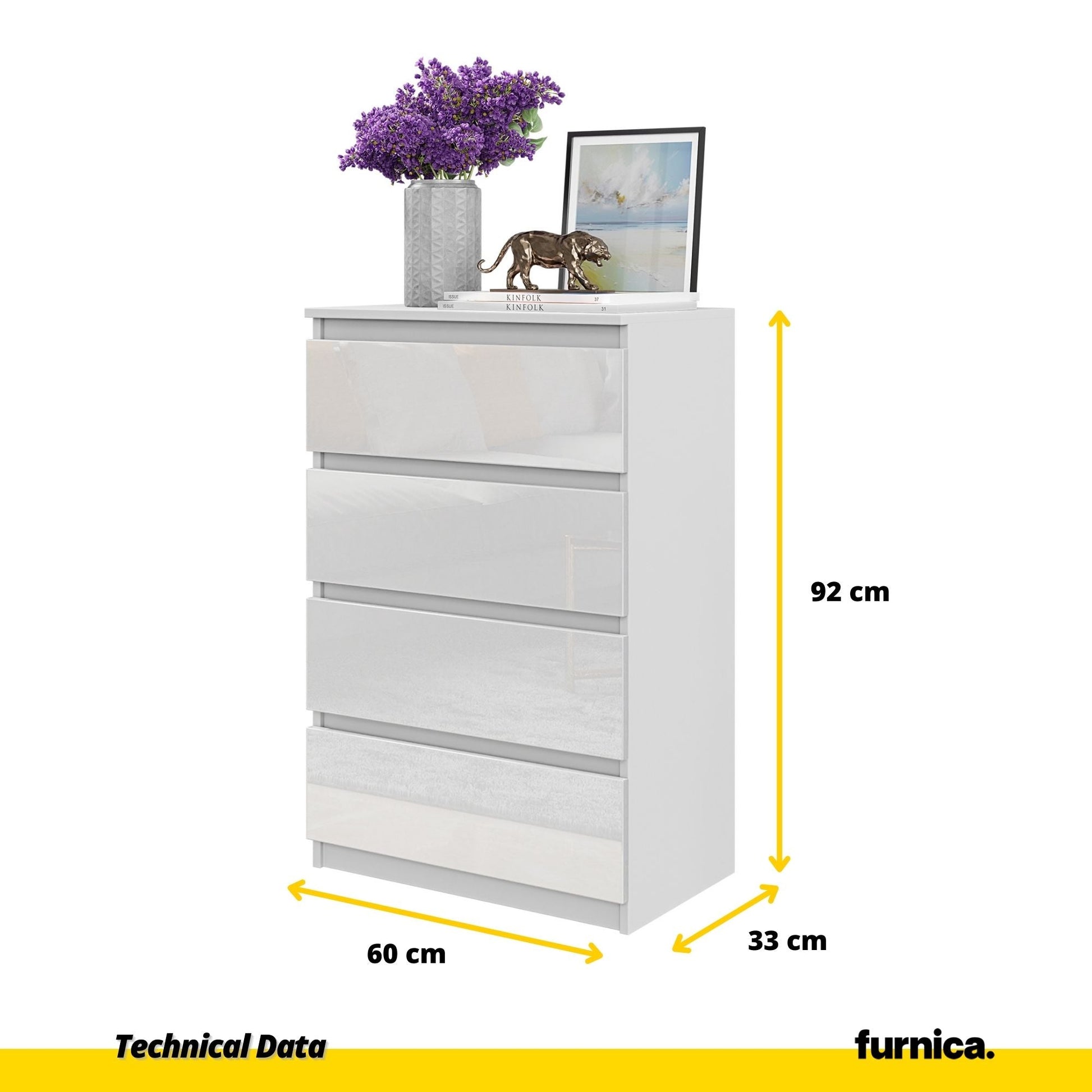 GABRIEL - Komoda se 4 šuplíky - Skříň na oblečení do ložnice - Bílý mat / Bílý lesk H92cm Š60cm D33cm (2) – Furnica