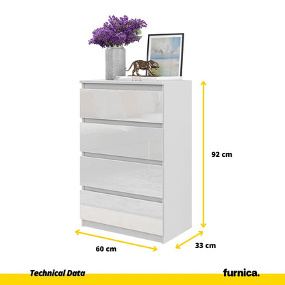 GABRIEL - Komoda se 4 šuplíky - Skříň na oblečení do ložnice - Bílý mat / Bílý lesk H92cm Š60cm D33cm (2) – Furnica