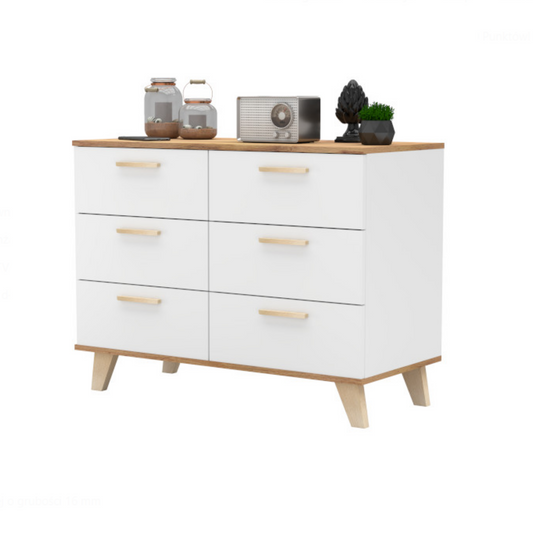 INGRID - Skandinávská komoda se 6 šuplíky - bílý mat / Wotan dub H75cm W100cm D45cm