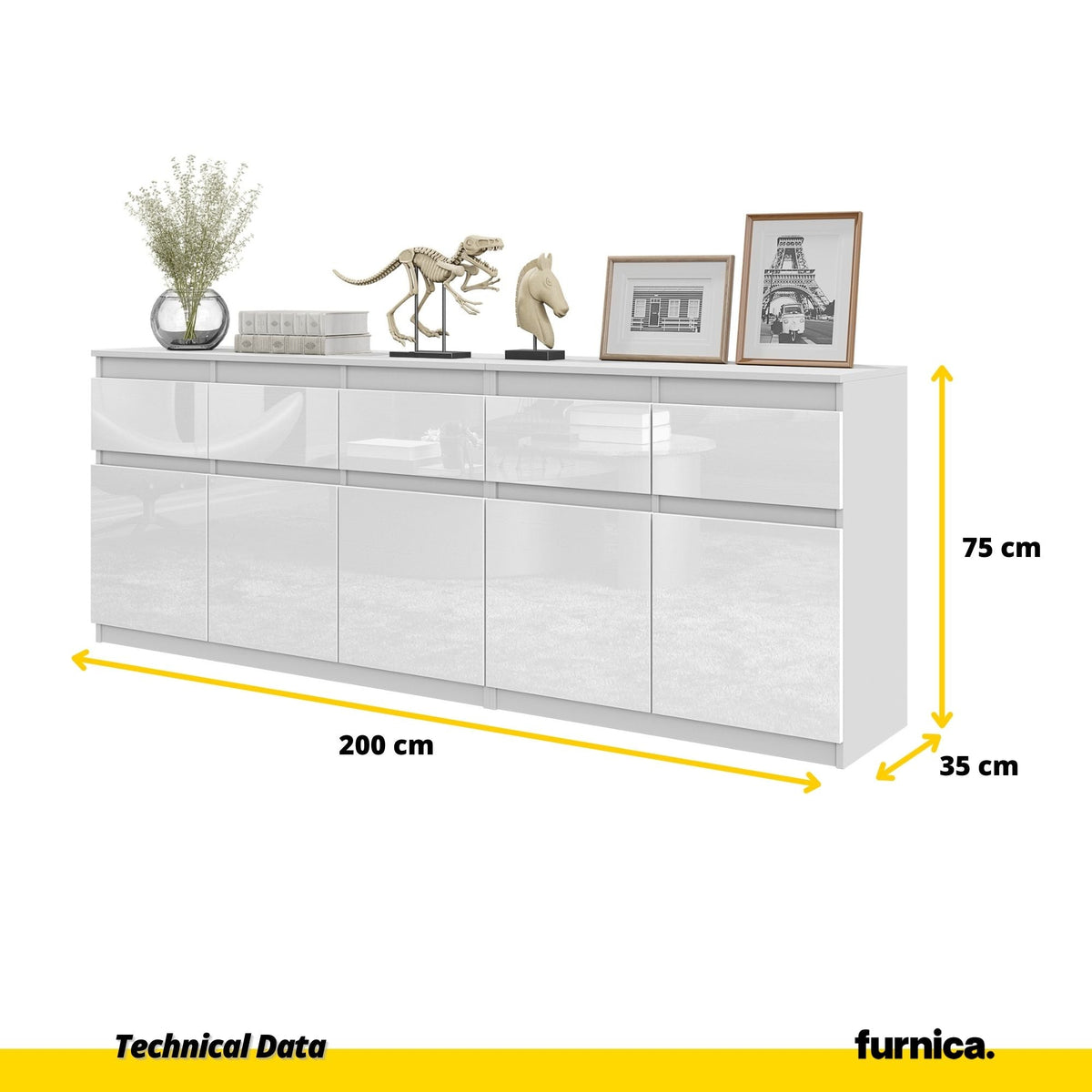 NOAH - Komoda se 5 šuplíky a 5 dveřmi - Skříň na uložení oblečení do ložnice - Bílý mat / Bílý lesk H75cm W200cm D35cm (2)