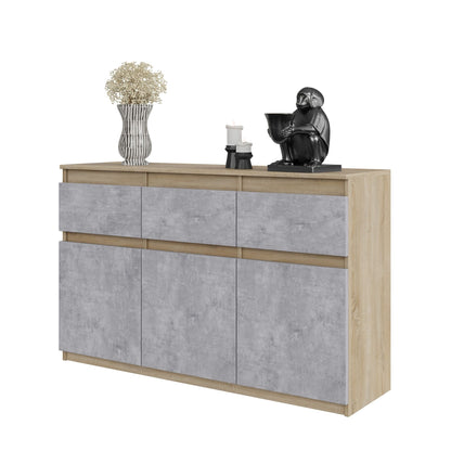 NOAH - Komoda se 3 šuplíky a 3 dveřmi - Skříň na uložení oblečení do ložnice - Sonoma dub / beton - Výška 75 cm, šířka 120 cm, hloubka 35 cm.
