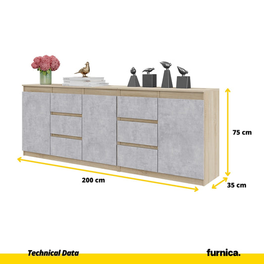 MIKEL - Komoda se 6 šuplíky a 3 dveřmi - Skříň na oblečení do ložnice - Sonoma dub / beton - Výška 75 cm, šířka 200 cm, hloubka 35 cm.